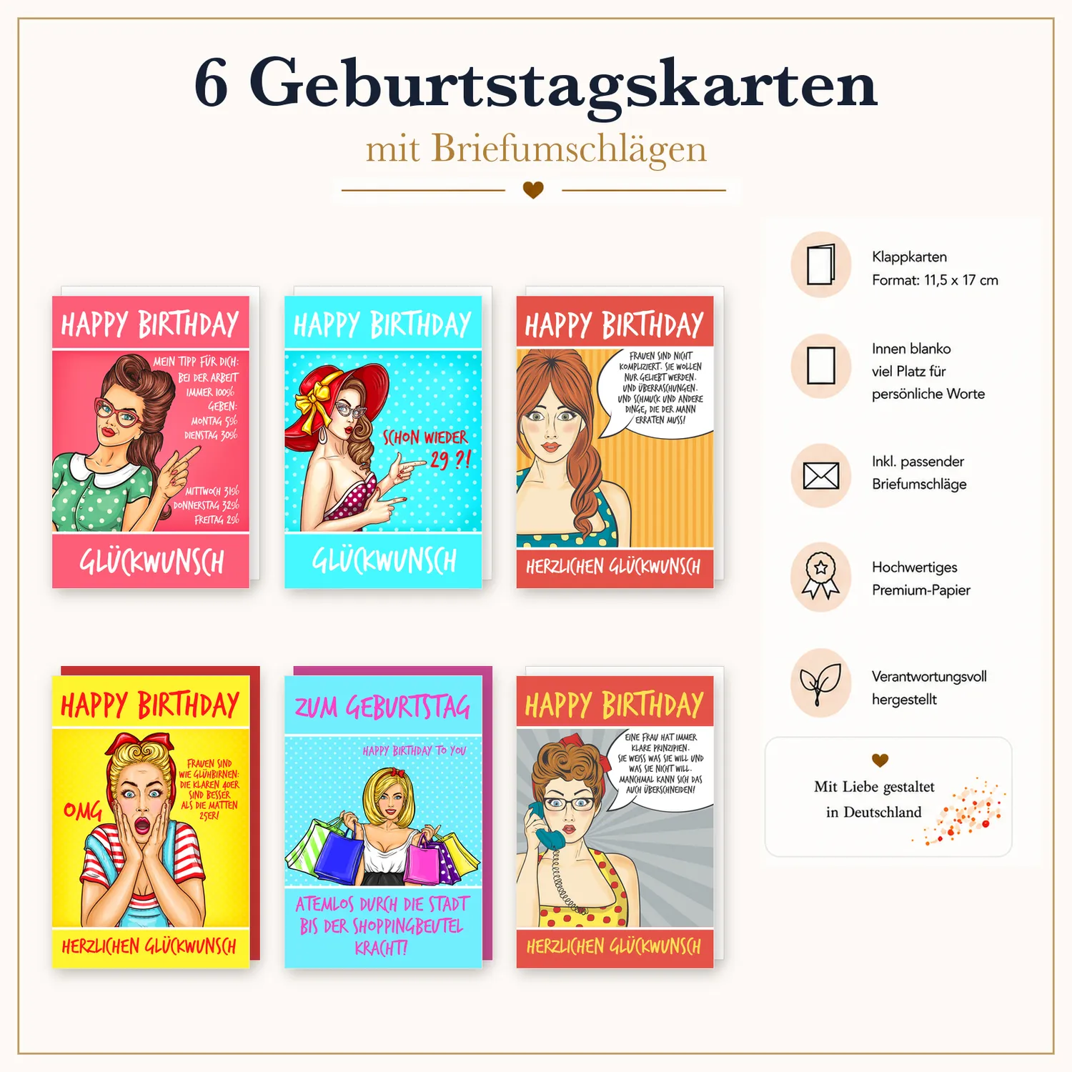 Edition Seidel 36699 verjaardagskaarten 6 stuks pop art grappig