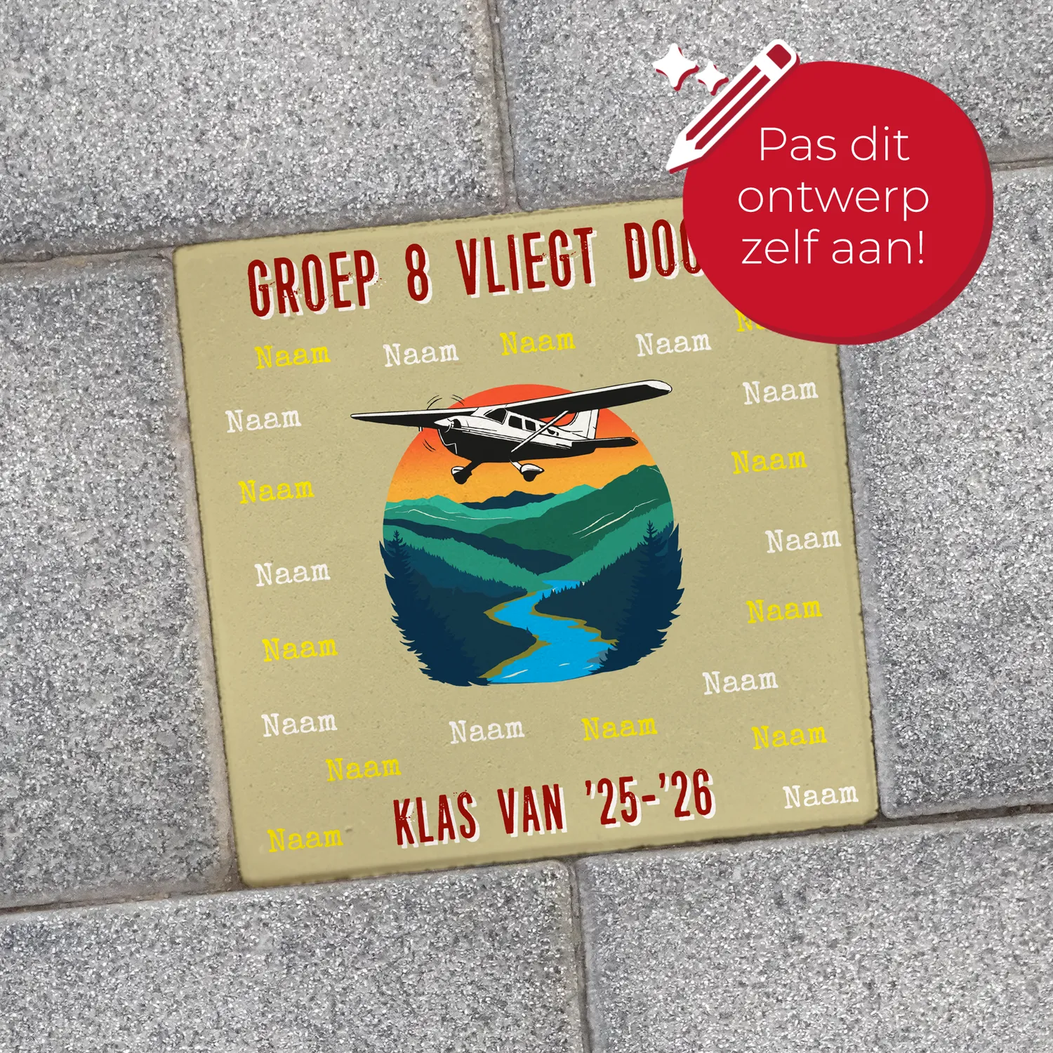 Gozi Groep 8 Uitvliegen stoeptegel afscheidscadeau