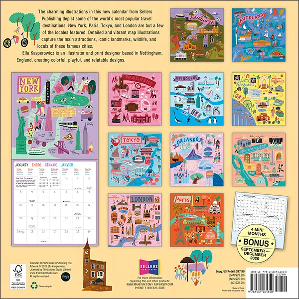 Sellers Publishing Drawn to Travel 2027 wandkalender steden
