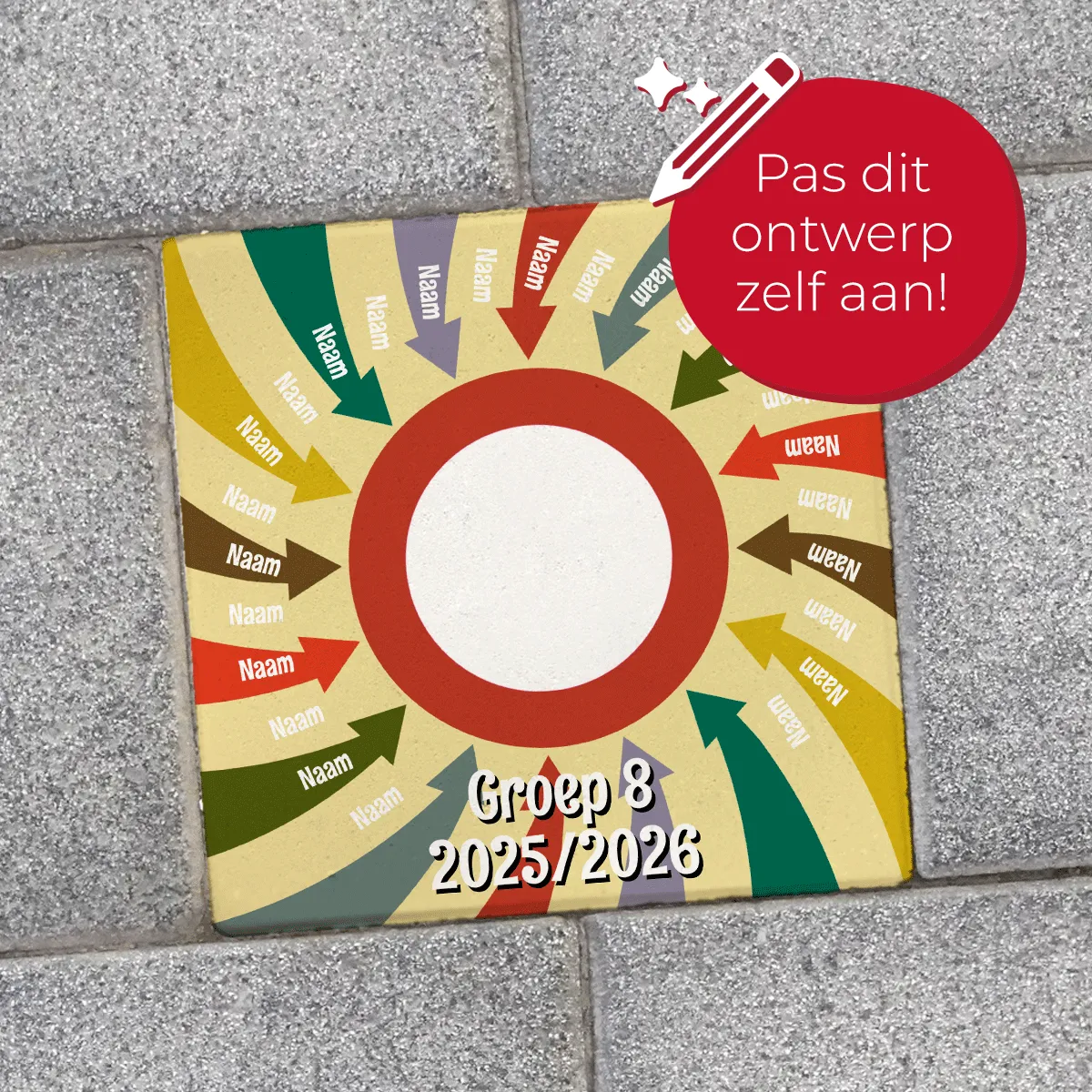 Gozi Groep 8 Pijlen knikkertegel stoeptegel afscheid