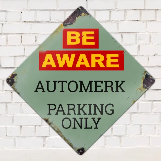Gozi Be Aware Automerk metalen bord 30x30cm ruit personaliseerbaar