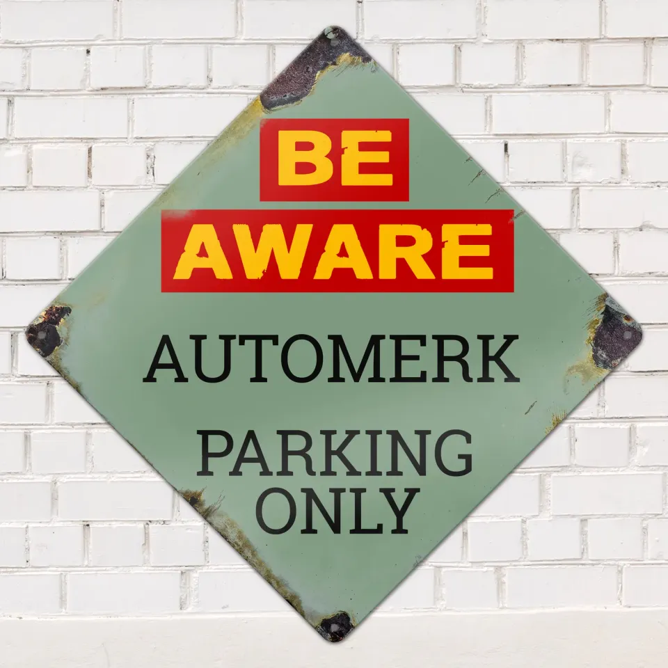 Gozi Be Aware Automerk metalen bord 30x30cm ruit personaliseerbaar