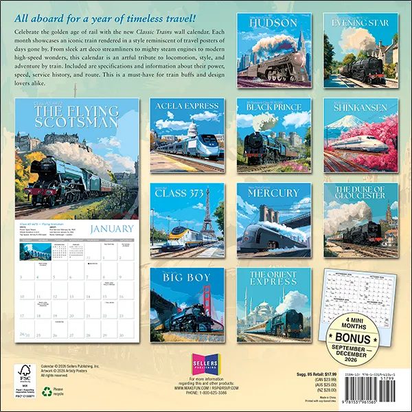 Sellers Publishing Classic Trains wandkalender 2027