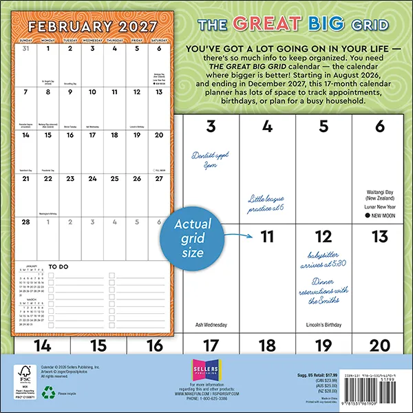 Sellers Publishing The Great Big Grid 2027 wandplanner 17 maanden