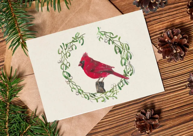 Blad & Beeld Rode kardinaal kerstkaart A6 dubbel met envelop