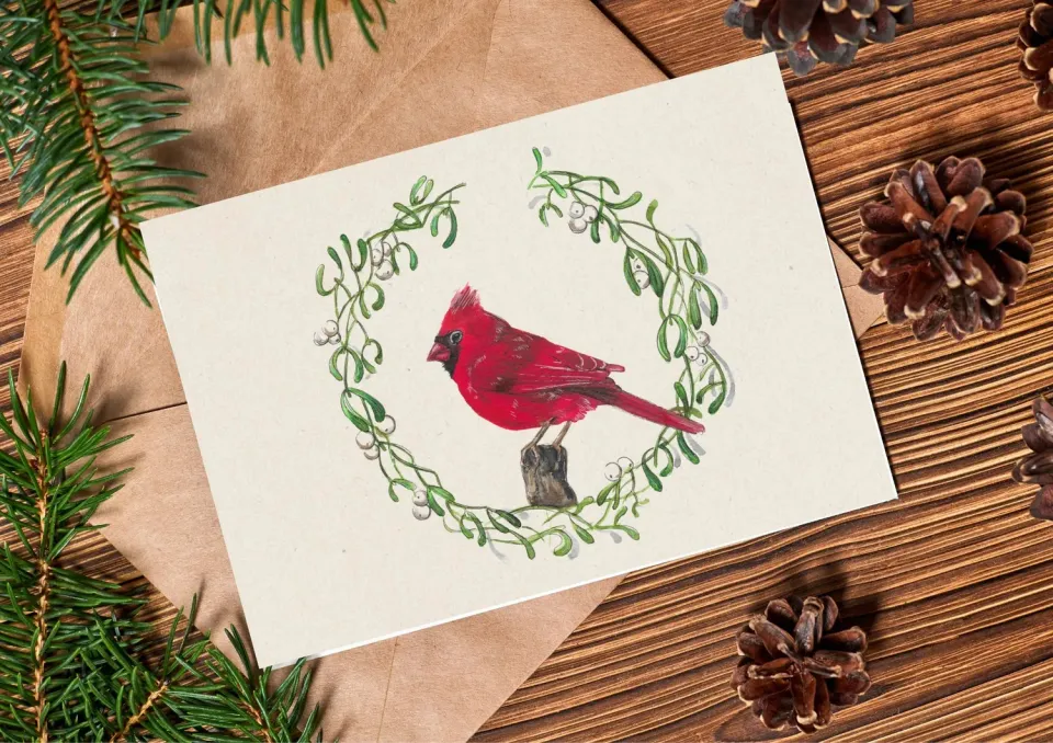 Blad & Beeld Rode kardinaal kerstkaart A6 dubbel met envelop