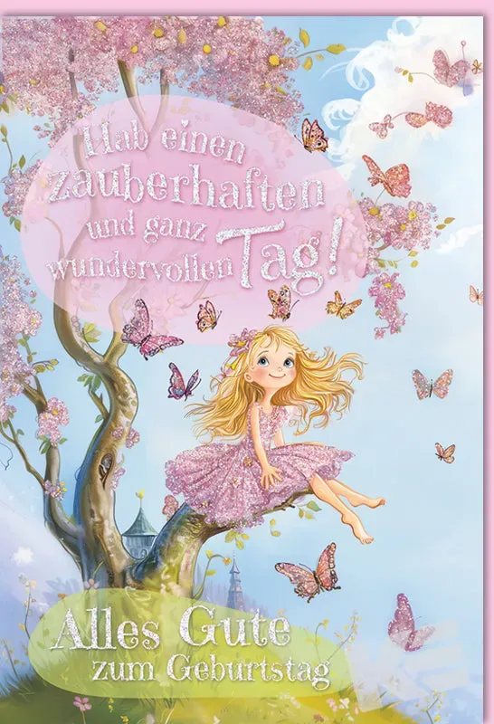 Kurt Eulzer 51-5071 wenskaart meisje boom vlinders glitter