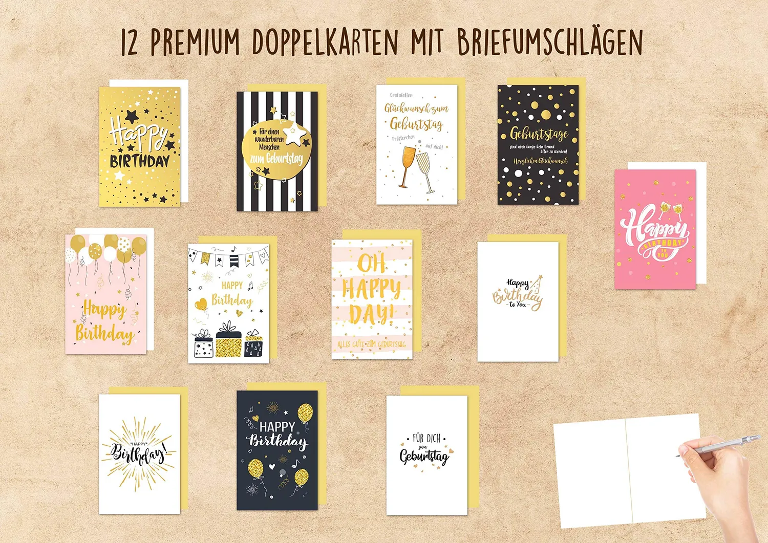 Edition Seidel 20818 verjaardagskaarten set 12 stuks goud