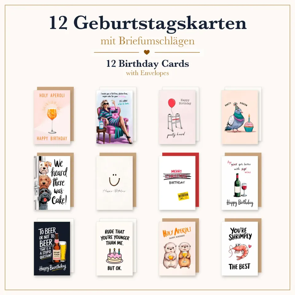Edition Seidel verjaardagskaarten set 12 grappig met envelop