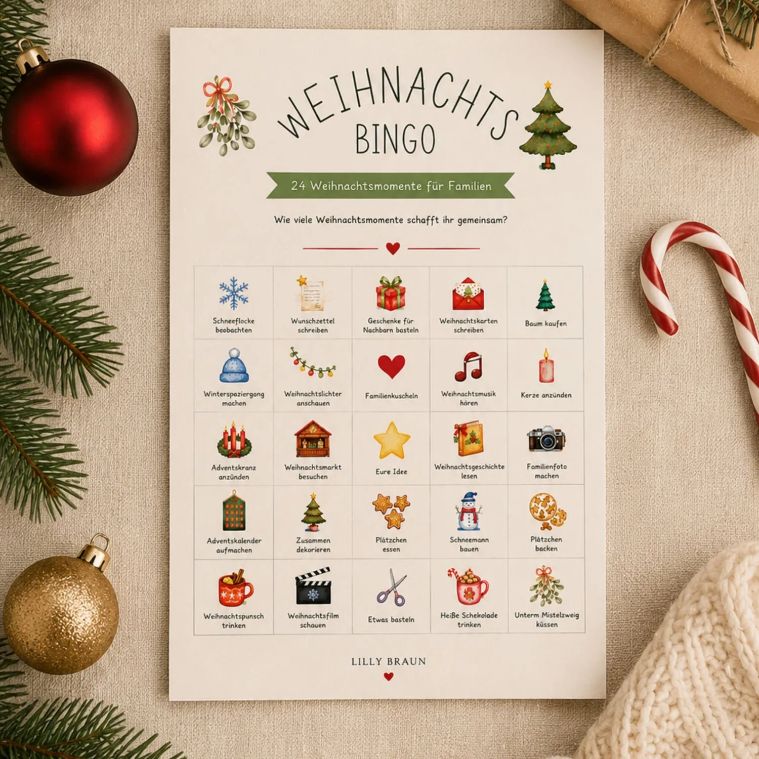 Lilly Braun Weihnachts Bingo kerstspel 24 momenten A4