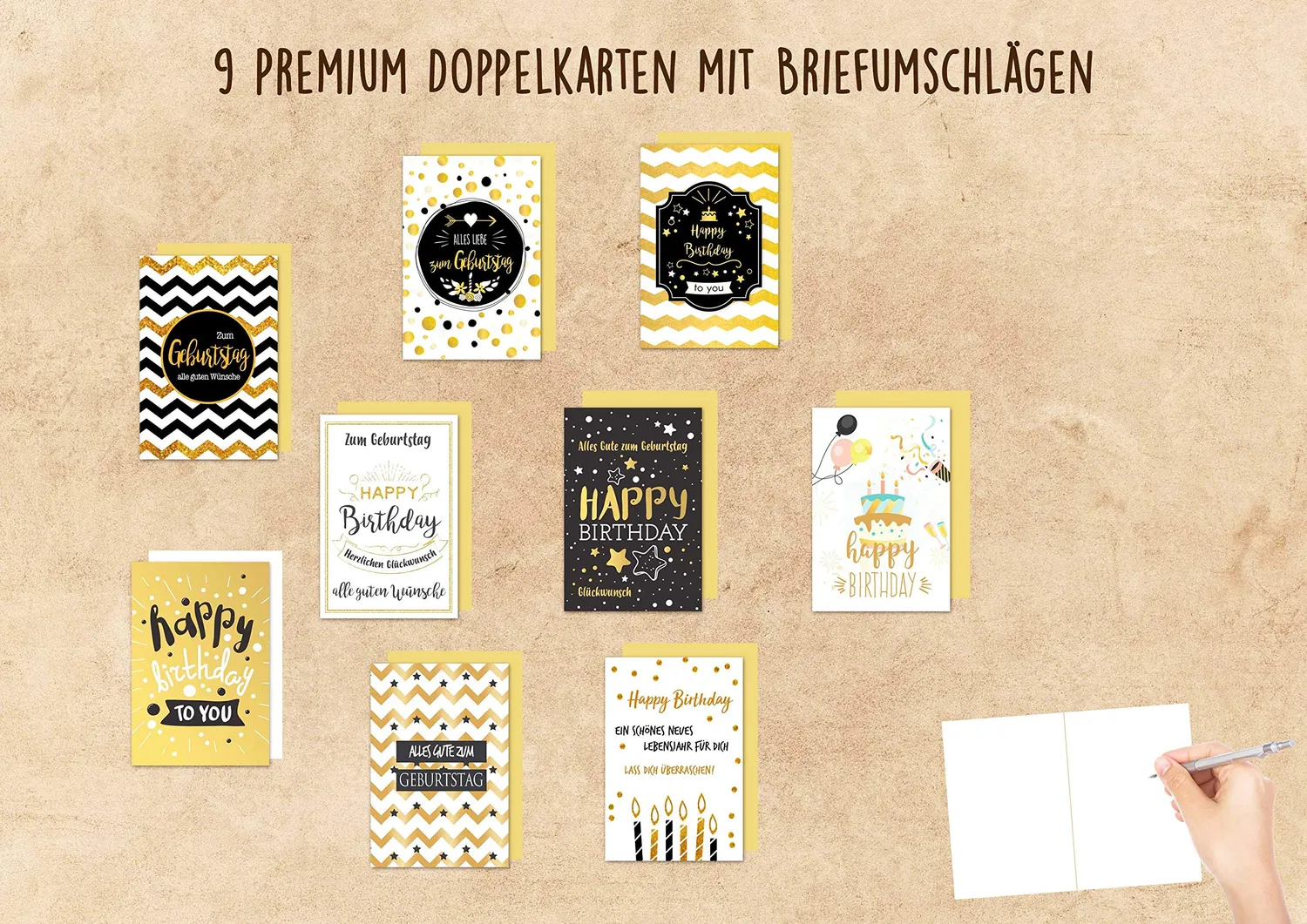 Edition Seidel 20821 verjaardagskaarten set 9 stuks goud