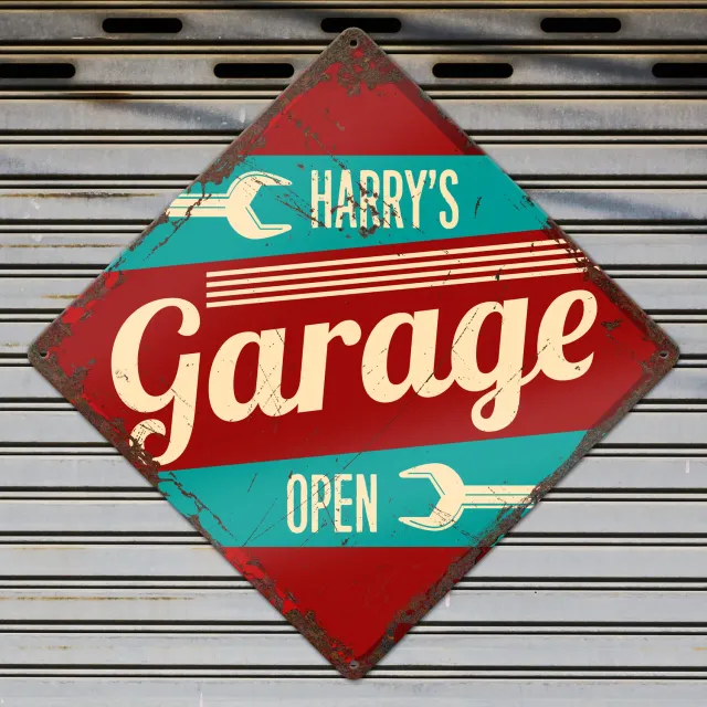 Gozi Garage metalen bord 30x30cm ruit personaliseerbaar