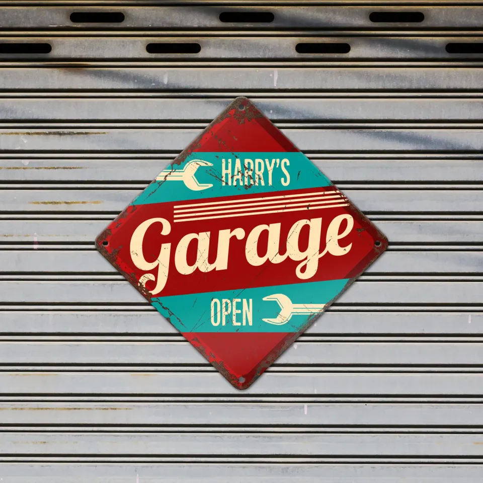 Gozi Metalen bord Garage 20x20cm ruit persoonlijk cadeau