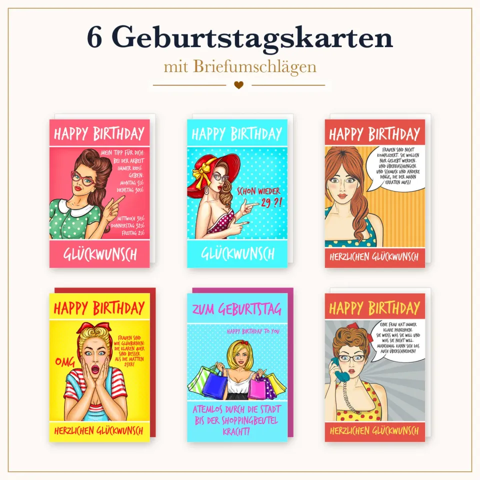 Edition Seidel 36699 verjaardagskaarten 6 stuks pop art grappig