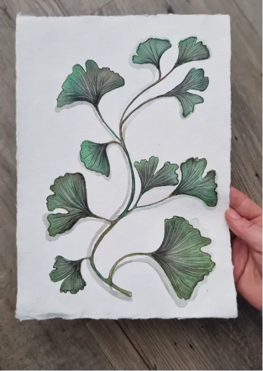 Blad & Beeld Groene ginkgo aquarel Khadi papier print