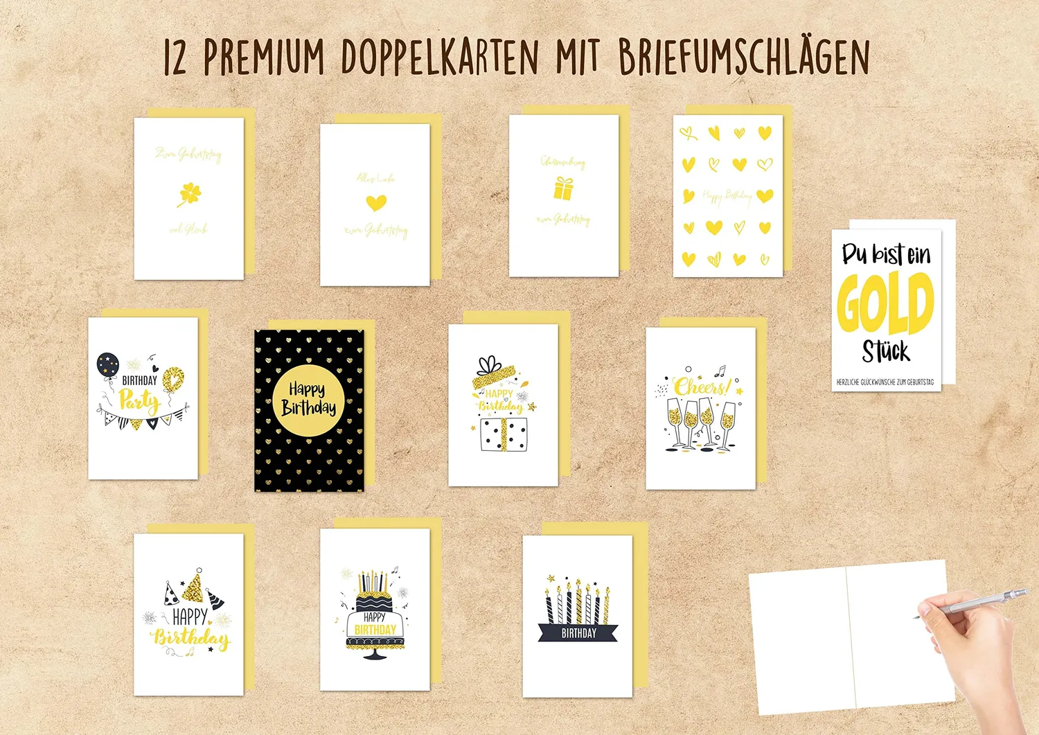 Edition Seidel Premium 20176 verjaardagskaarten goud set 12 met envelop