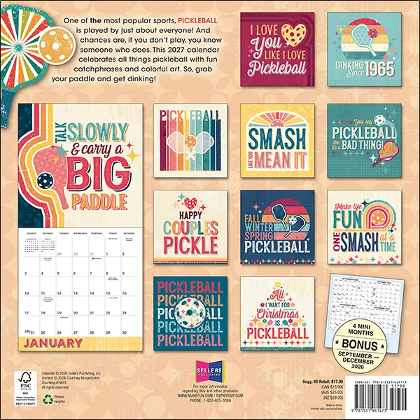 Sellers Publishing Pickleball 2027 wandkalender kleurrijk